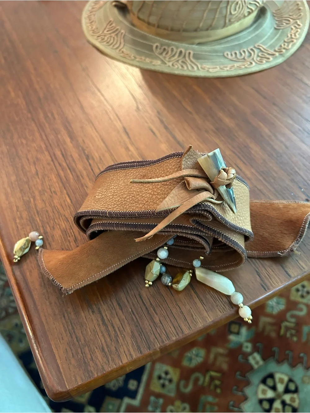 Artisan Leather Brown Belt with Stone Tassels